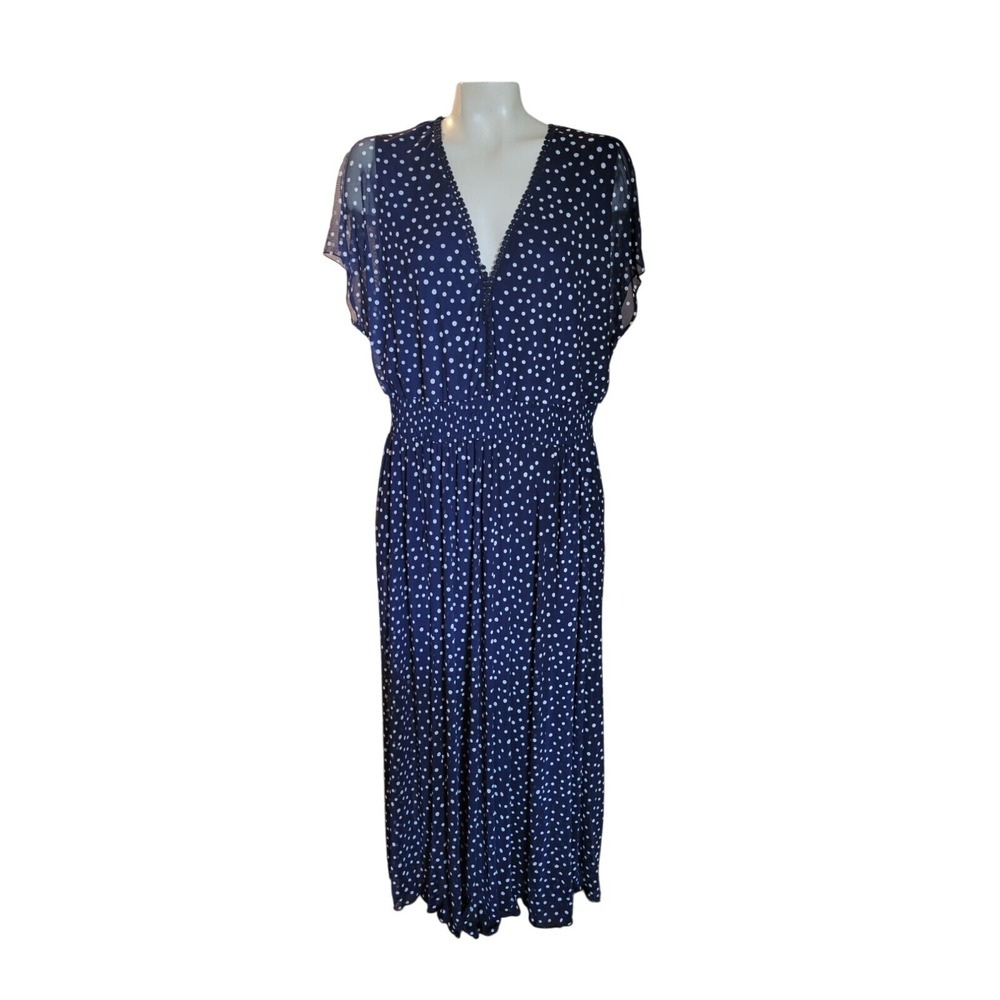 KATE & LILY Polka Dot Maxi Dress V-Neck Sheer Sleeves Navy Blue Flowy Plus sz 18